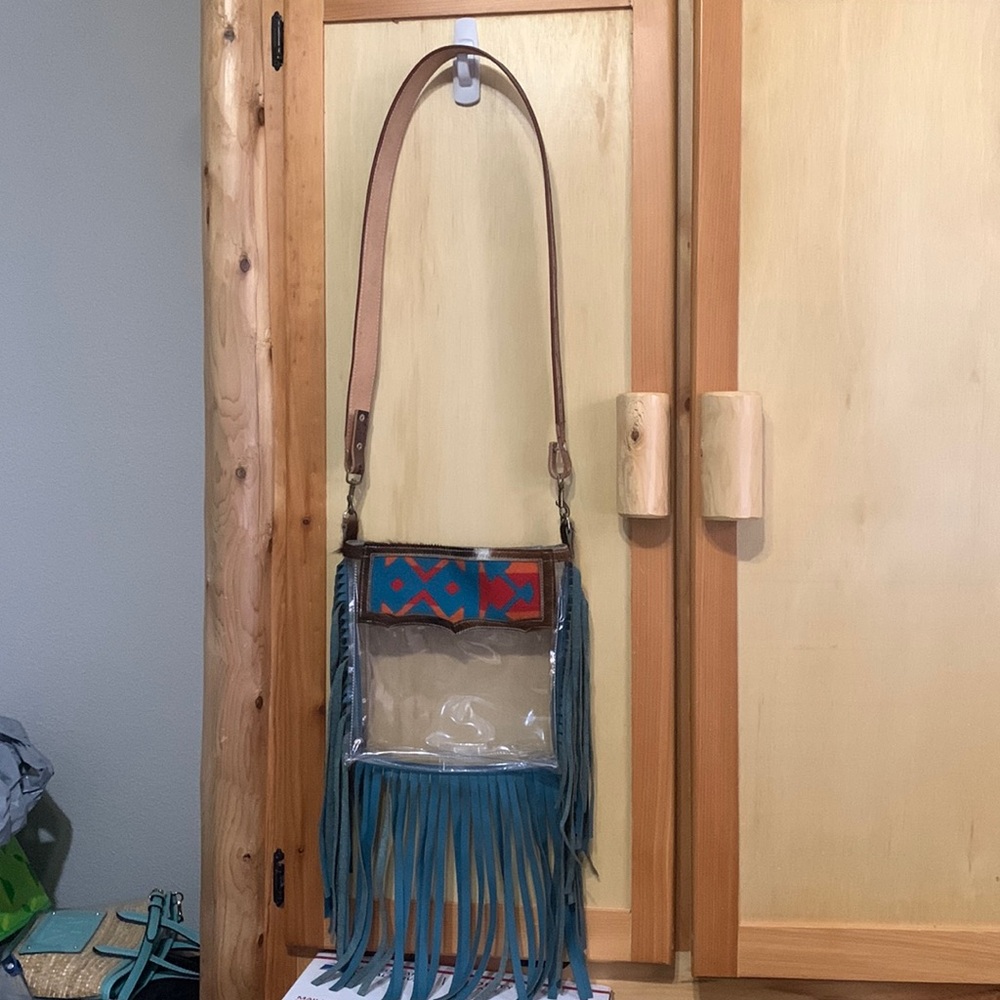Fringe Crossbody Bag with Blue and Brown Accents